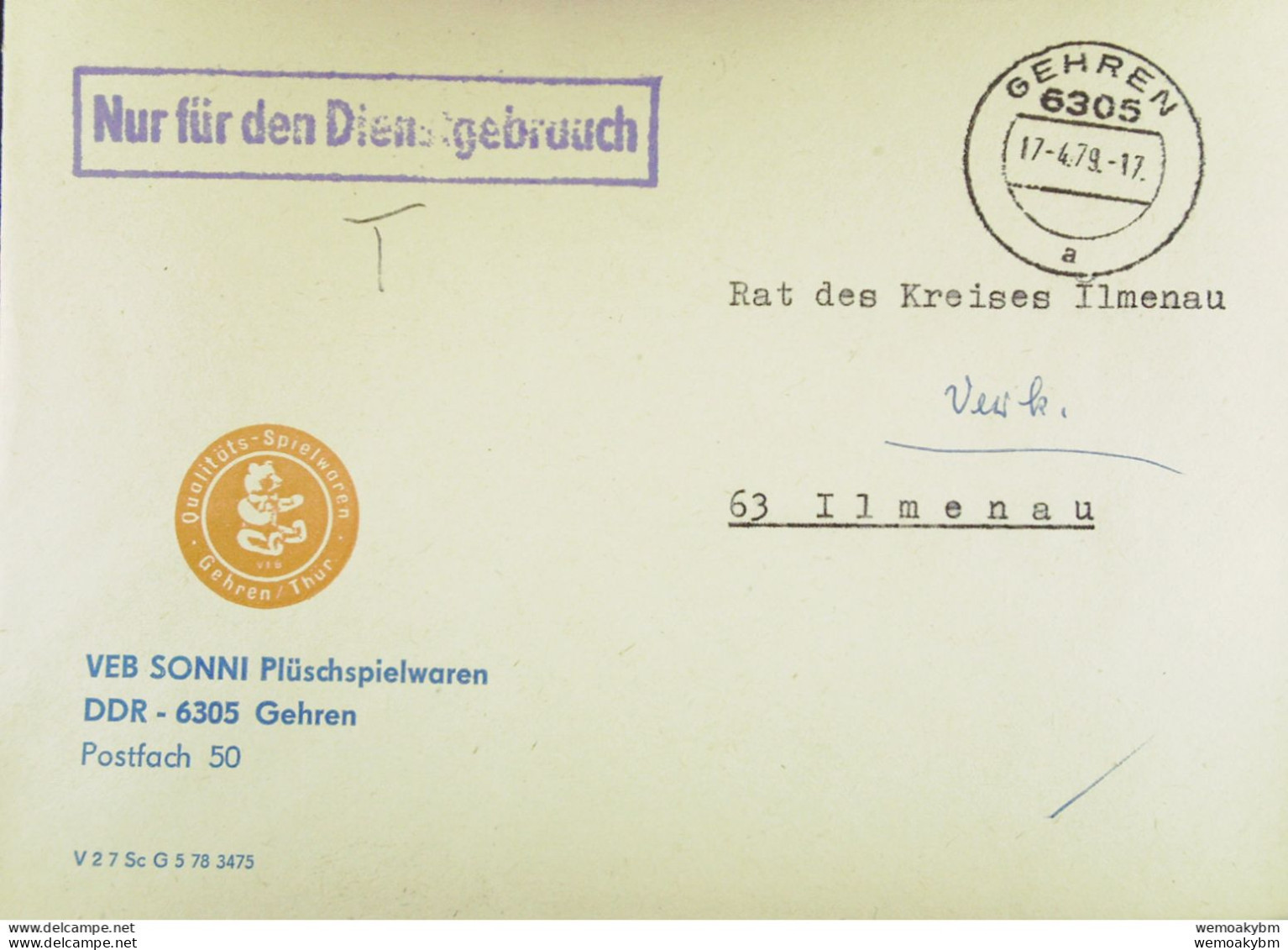 DDR: NfD-Brief Aus GEHREN Vom 17.4.79 Abs: VEB SONNI Plüschspielwaren DDR-6305 Gehren Mit LOGO - Covers & Documents