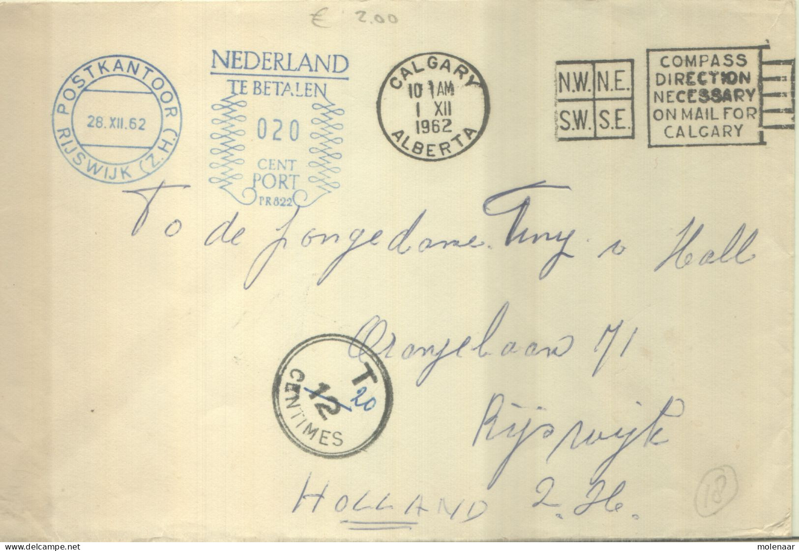 Postzegels > Europa > Nederland > Strafportzegels Brief Canada Met Strafportstempel  (16638) - Postage Due