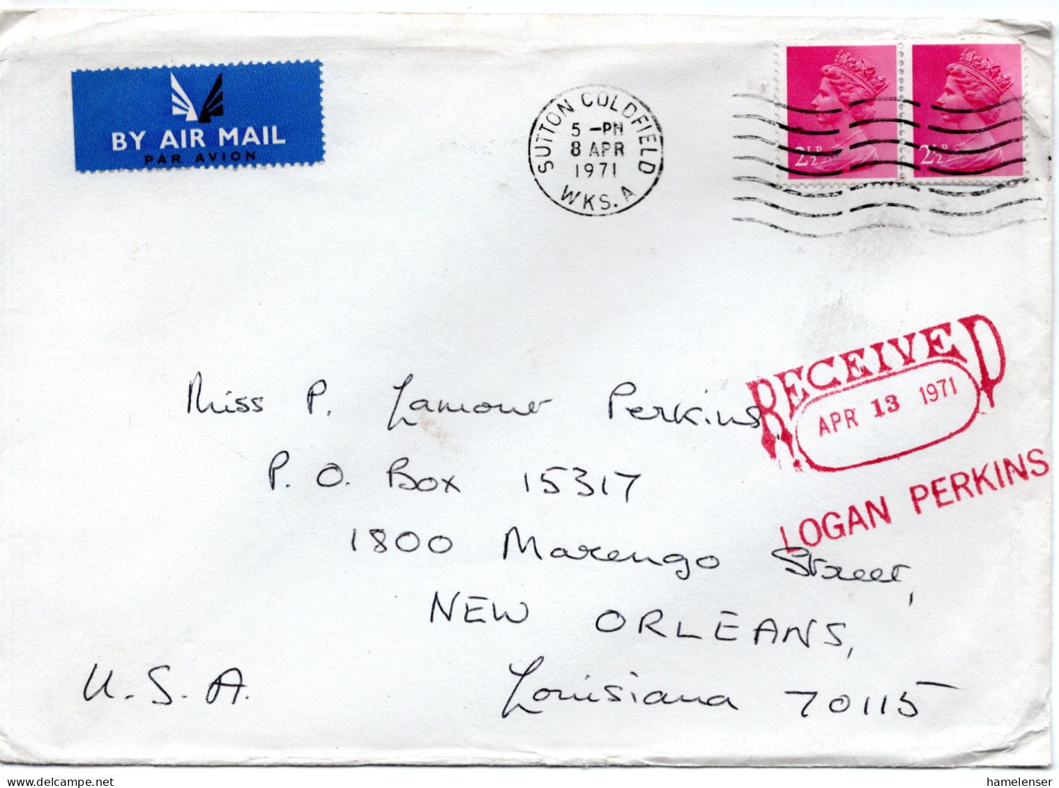 77182 - Grossbritannien - 1971 - 2@2,5p Machin A LpBf SUTTON COLDFIELD -> New Orleans, LA (USA) - Covers & Documents