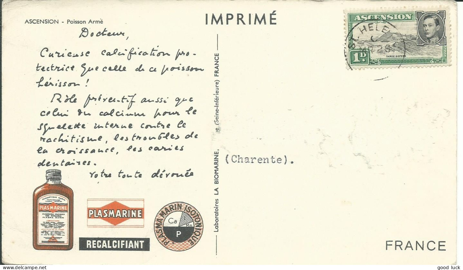 ASCENSION CARTE BIOMARINE PLASMARINEL 1 D ST HELE DE 1953  LETTRE COVER - Ascensión