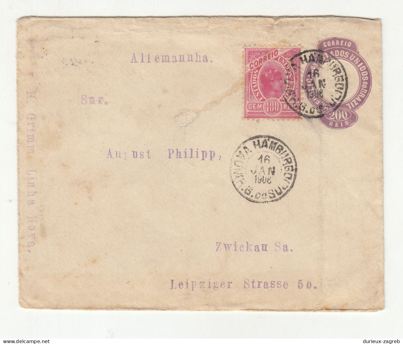 Brazil 200 Reis Postal Stationery Letter Cover Posted 1906 To Germany - Uprated B240401 - Enteros Postales
