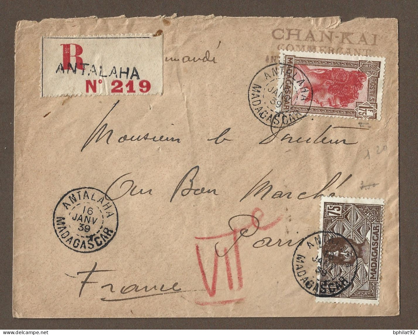 !!! MADAGASCAR, LETTRE RECOMMANDÉE DE ANTALAHA POUR PARIS DE 1939 - Storia Postale