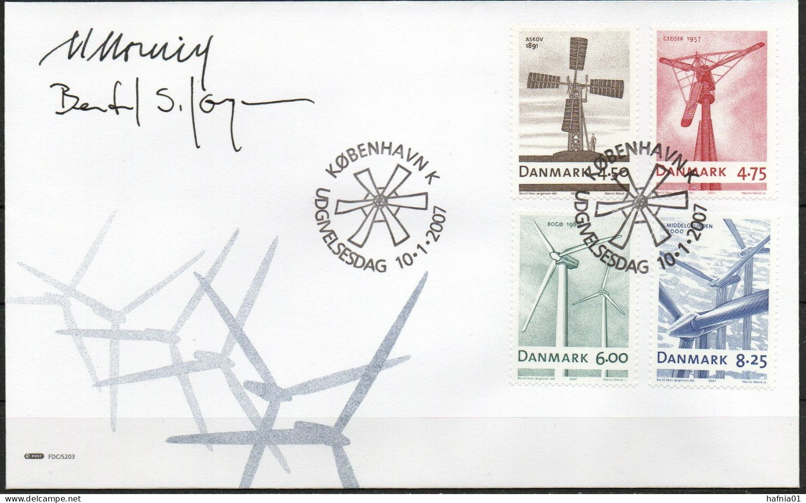 Martin Mörck. Denmark 2007.  Wind Turbines. Michel 1454 - 1457 FDC. Signed. - FDC