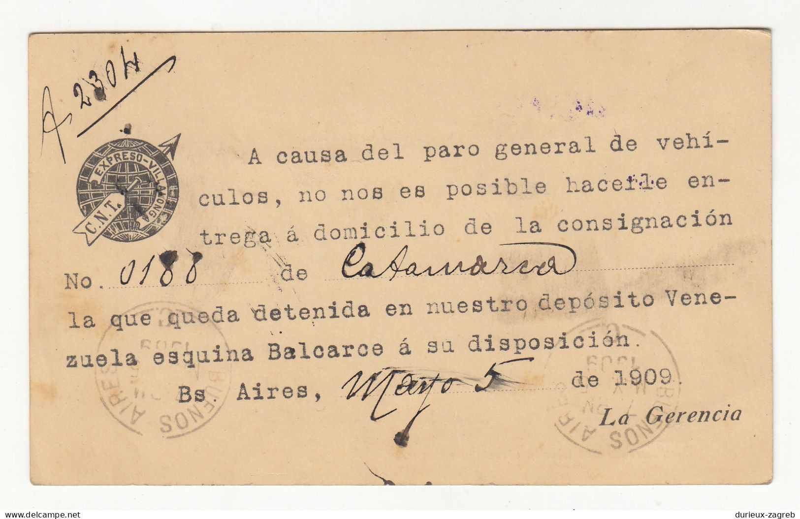 Argentina Old Postal Stationery Postcard Posted 1909 B240401 - Entiers Postaux