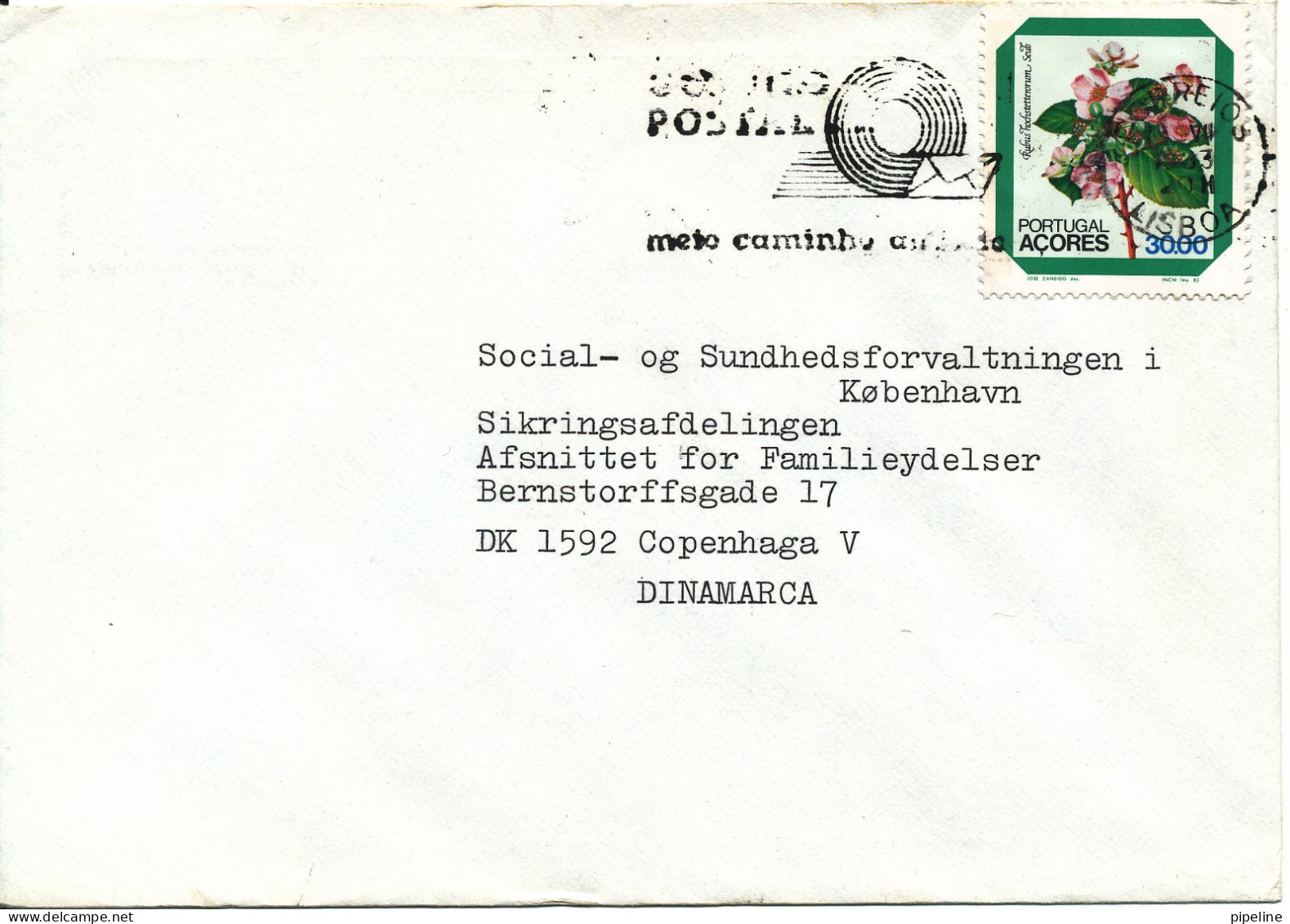 Portugal Azores Cover Sent To Denmark 1983 Single Franked - Azores