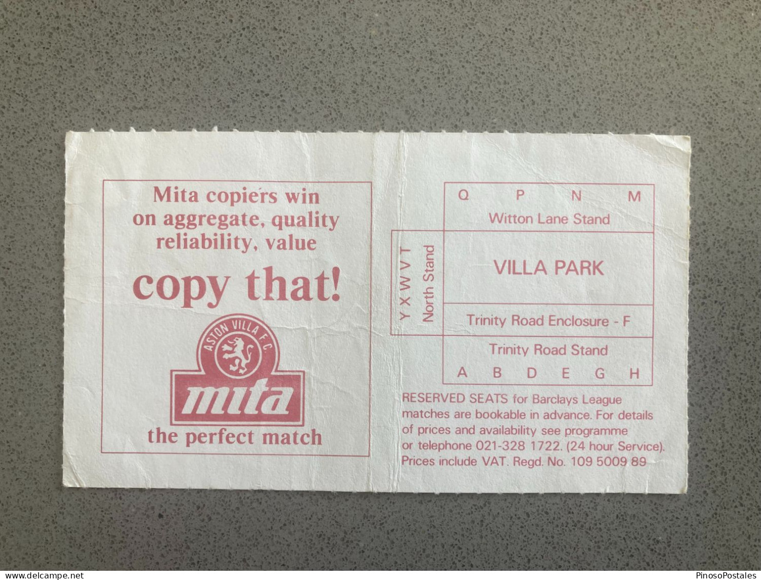 Aston Villa V Blacknurn Rovers 1989-90 Match Ticket - Tickets & Toegangskaarten