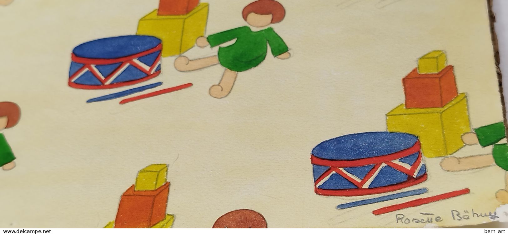 Aquarelle "Motifs Tapisseries Enfant Au Tambourin Et Cubes". Signée Rosette Böhny. Ecole Suisse Début XXè. - Acuarelas