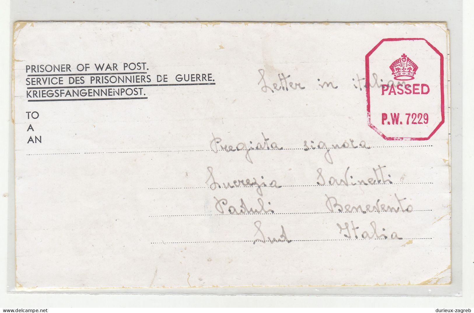 Great Britain WWII POW Letter Posted 194? ARM POW Camp 14 To Paduli Benevento Italy B240401 - Cartas & Documentos