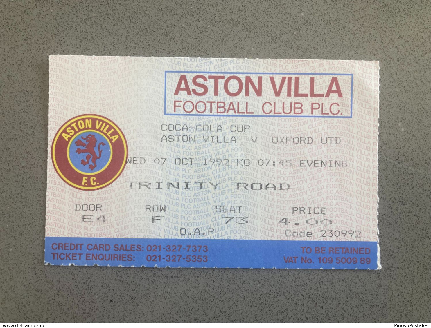 Aston Villa V Oxford United 1992-93 Match Ticket - Tickets & Toegangskaarten