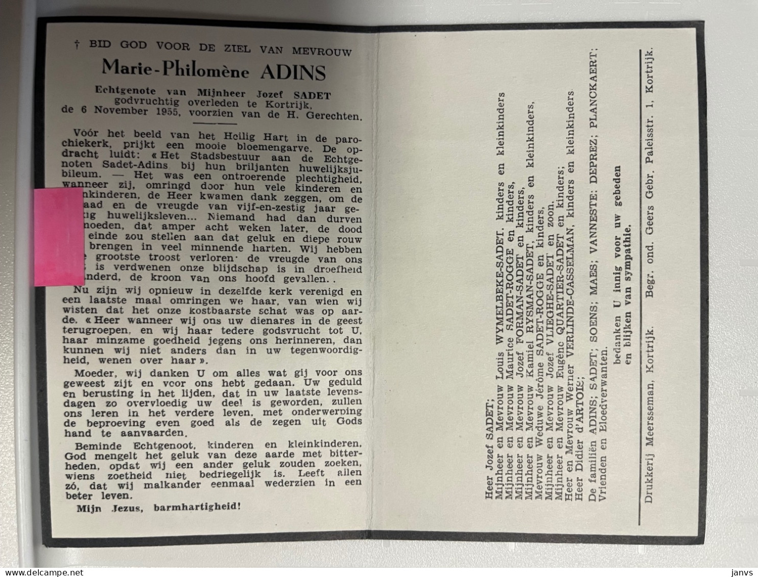 Devotie Devotion DP - Overlijden Marie Adins - Echtg Sadet - Overlden Te Kortrijk 1955, Geen Geboortedata - Décès