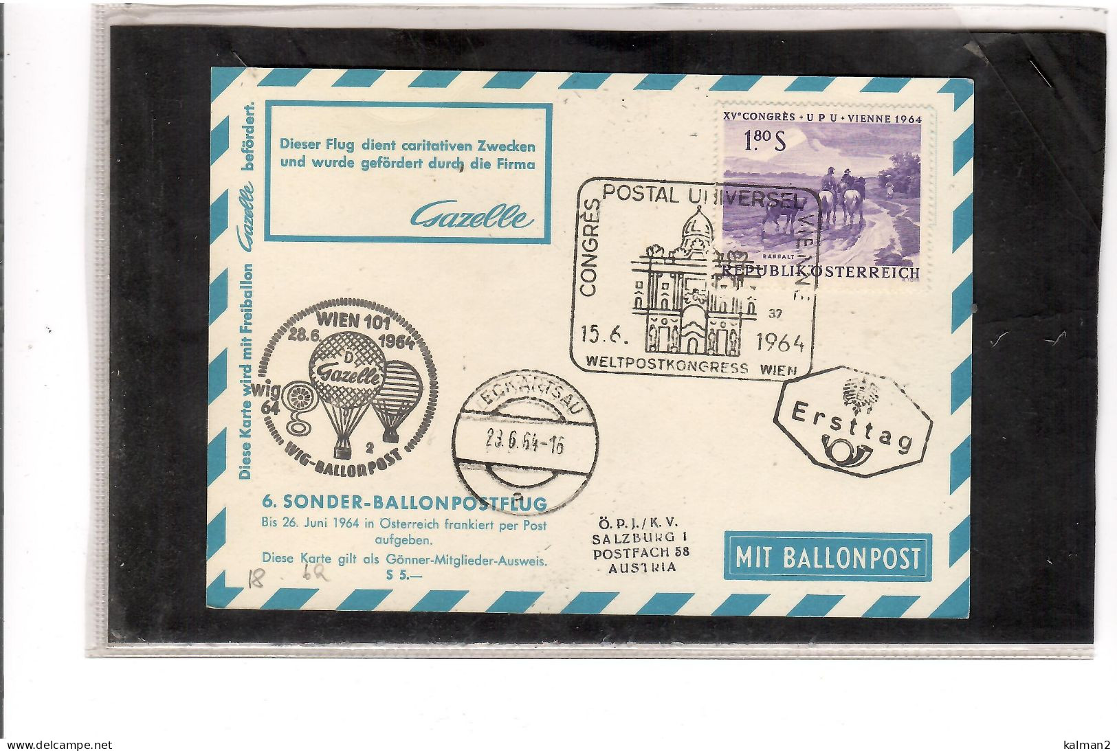 TEM20497 - WIEN 28.6.64  /   6. SONDER-BALLONFLUG -  NETTO KATALOG NR. 6a - BALLON " OE-DZG GAZELLE " - Montgolfier