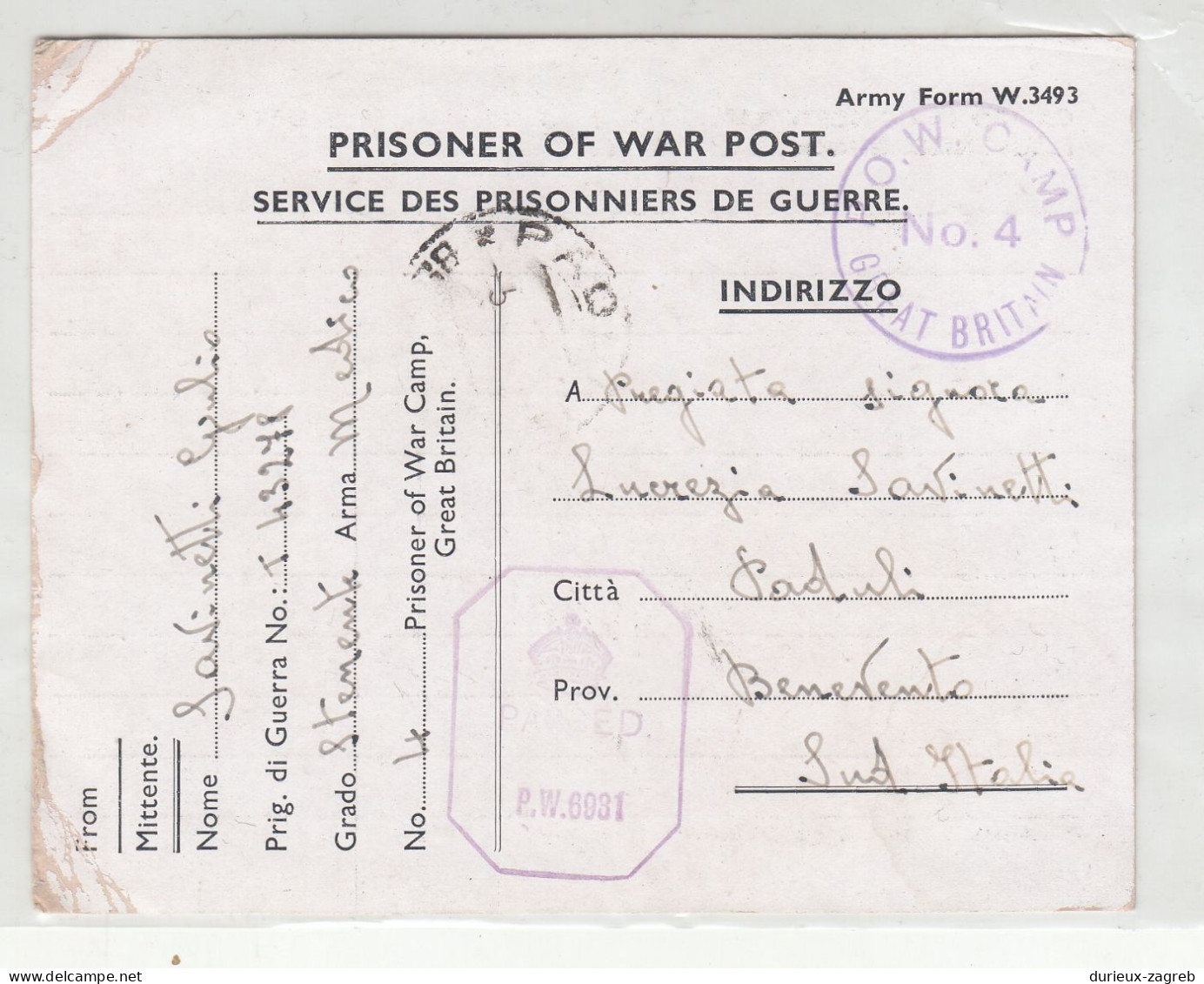 Great Britain WWII POW Postal Card Posted 194? ARM POW Camp 4 To Paduli Benevento Italy B240401 - Covers & Documents