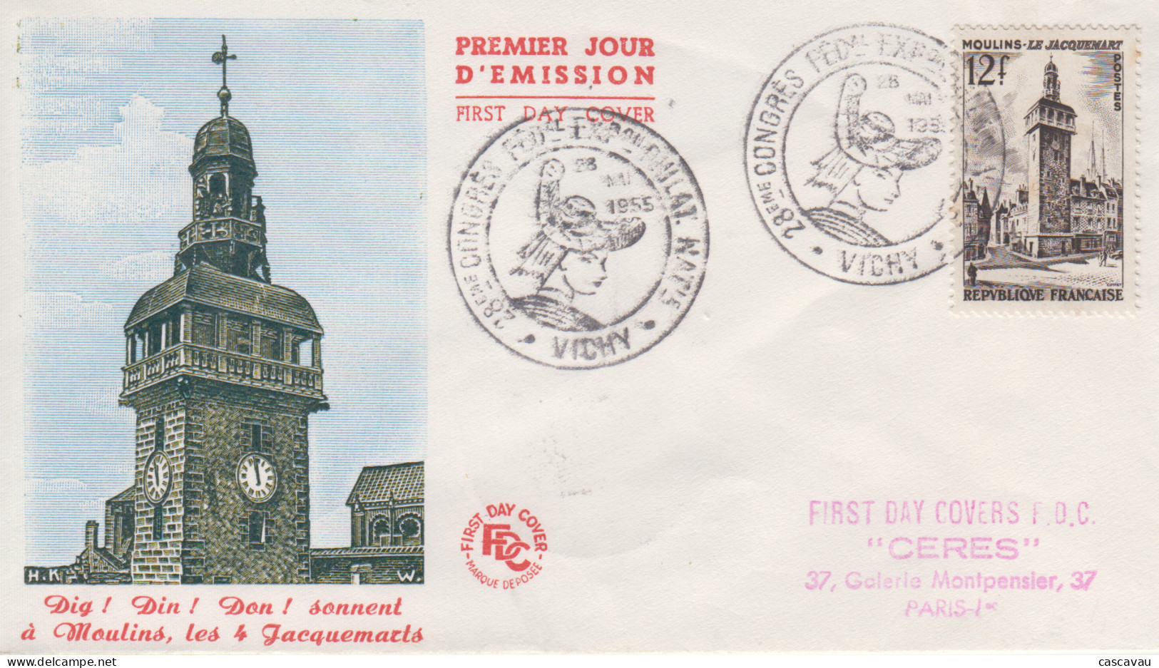 Enveloppe  FDC  1er  Jour   FRANCE   Le  Jacquemart  De  MOULINS   Oblitération  Grand  Format   VICHY  1955 - 1950-1959