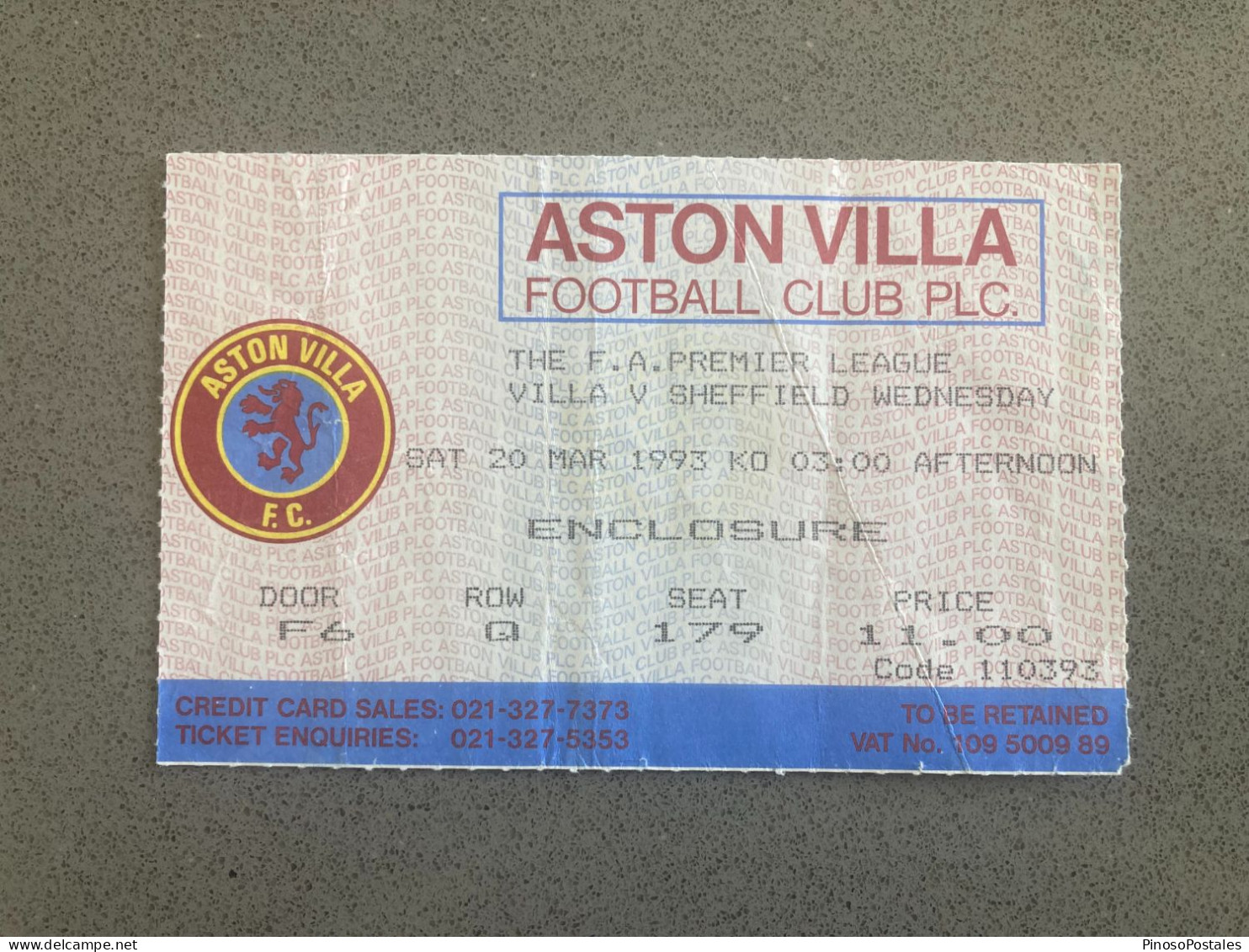 Aston Villa V Sheffield Wednesday 1992-93 Match Ticket - Tickets & Toegangskaarten