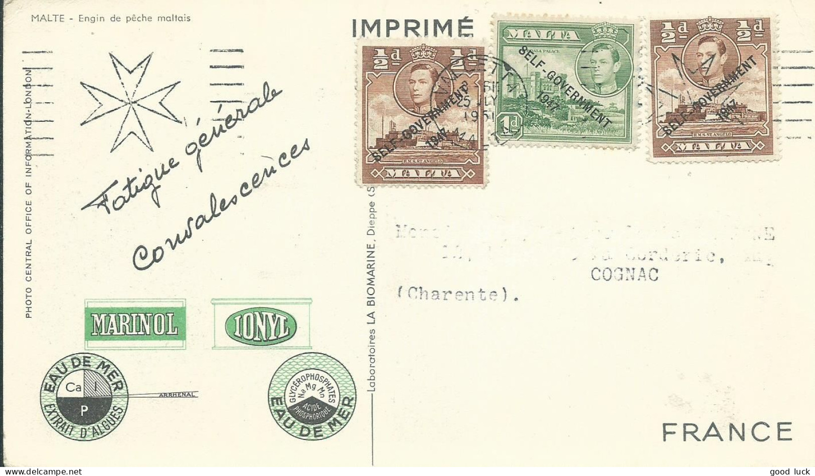 MALTE CARTE BIOMARINE MARINOL / IONYL 1,5 D VALLETTA POUR COGNAC ( CHARENTE ) DE 1951 LETTRE COVER - Malte