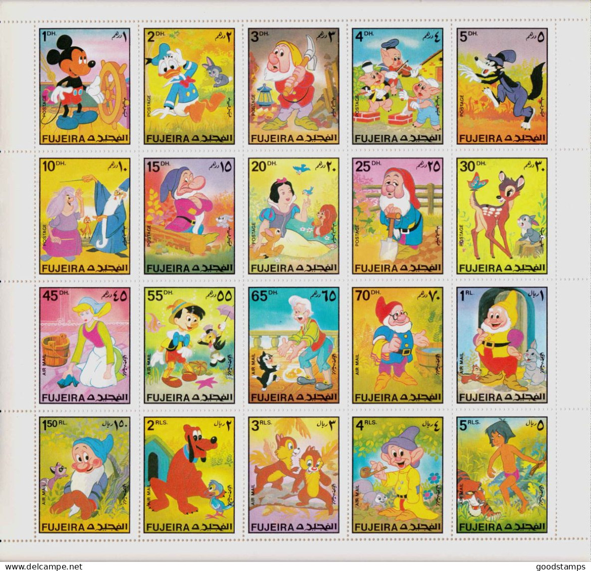 Fujeira 1972 "Disney Characters", Block Series Of 20 Stamps, CV90 €, Mi.916/935 A, Perf. , MNH - Fujeira