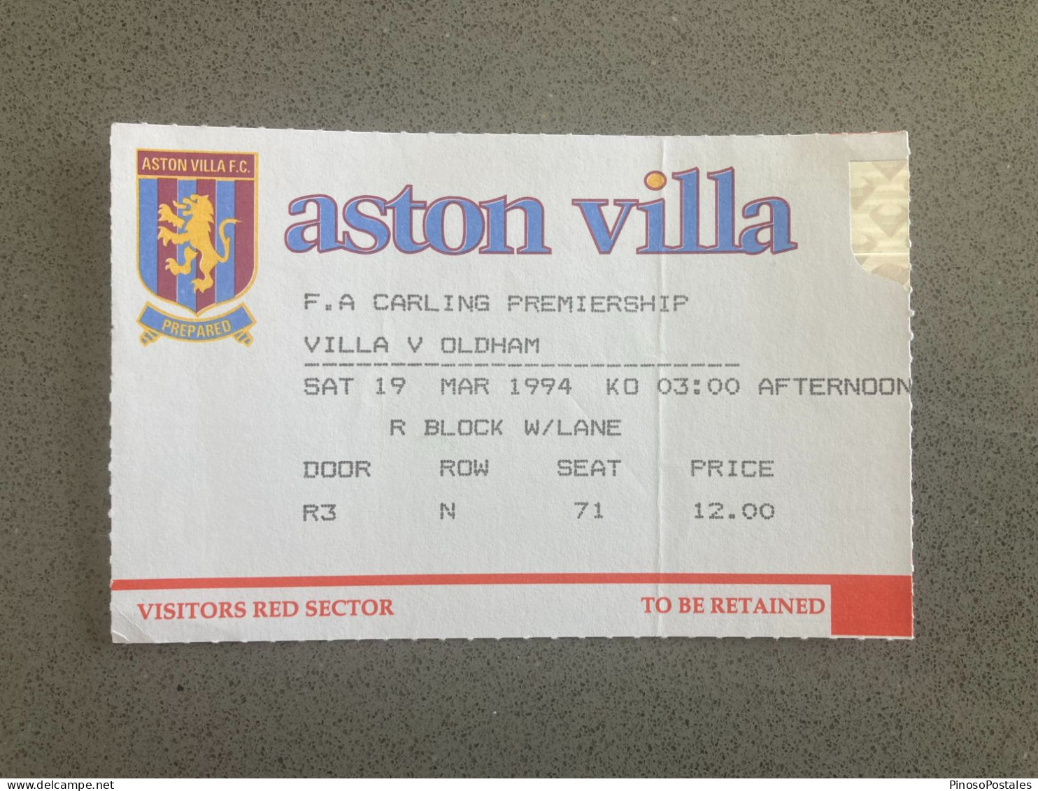 Aston Villa V Oldham Athletic 1993-94 Match Ticket - Tickets & Toegangskaarten