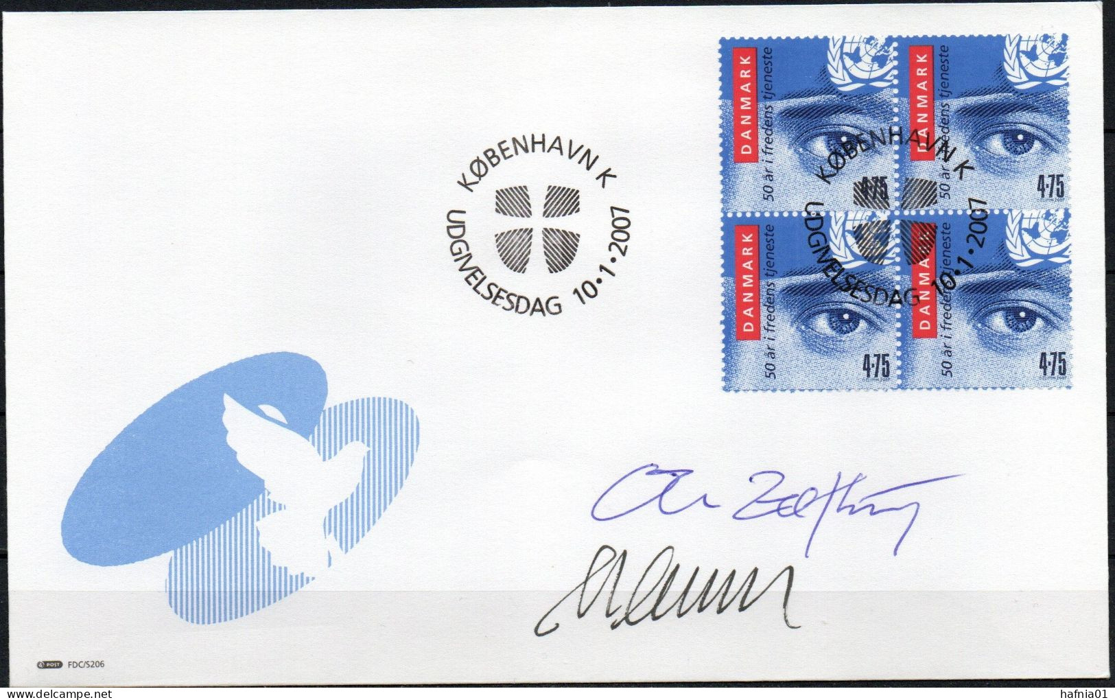 Martin Mörck. Denmark 2007.  50 Anniv Danish UN Peace Mission. Michel 1461, 4-block FDC. Signed. - FDC