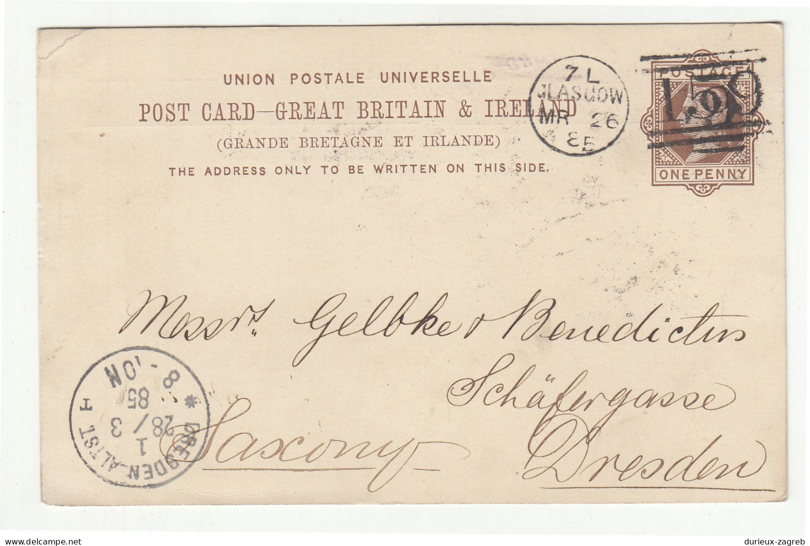 Great Britain Old Burns. Crawford & Co., Glasgow QV Postal Stationery Postcard Posted 1885 To Dresden B240401 - Interi Postali