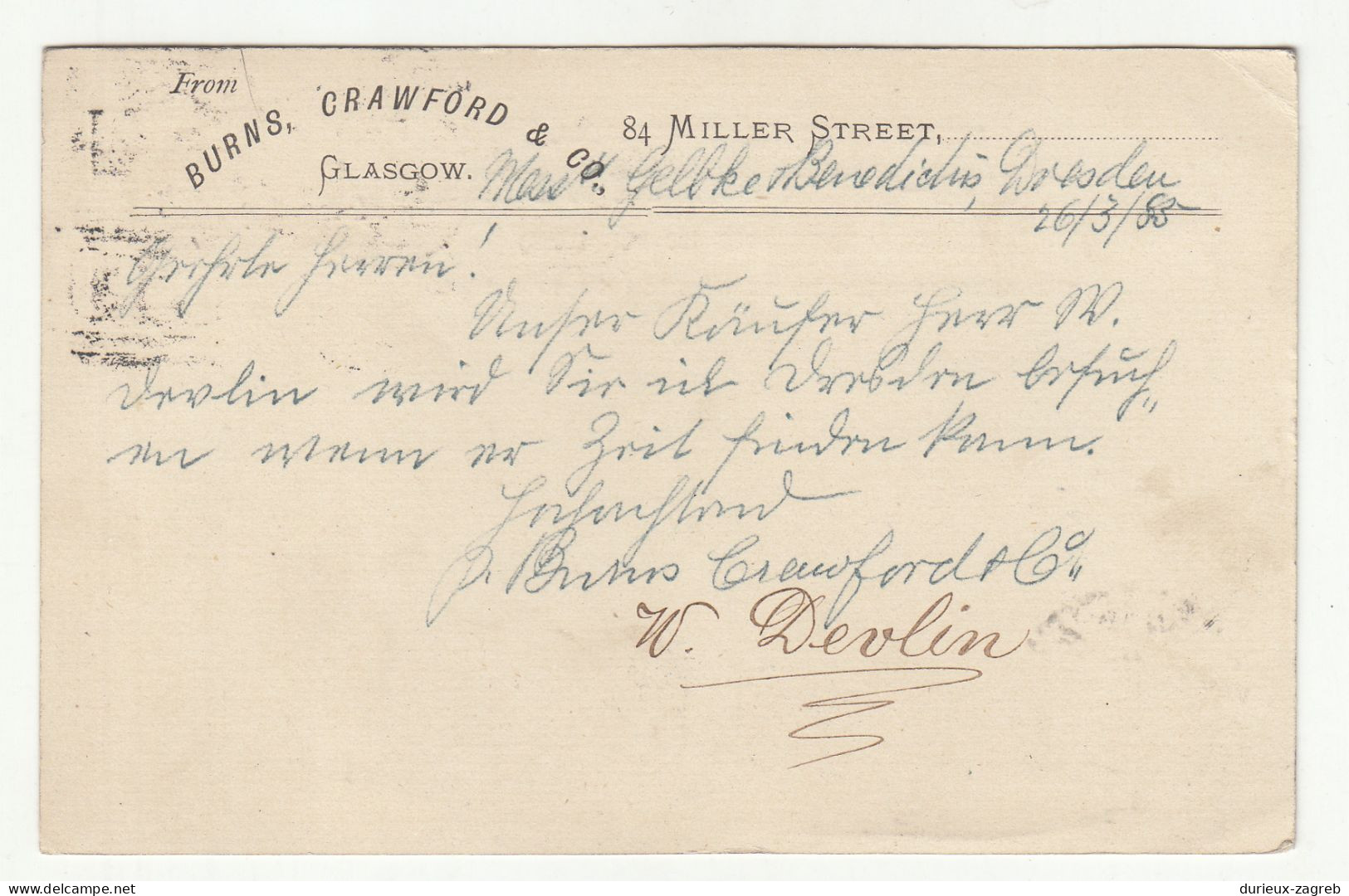 Great Britain Old Burns. Crawford & Co., Glasgow QV Postal Stationery Postcard Posted 1885 To Dresden B240401 - Stamped Stationery, Airletters & Aerogrammes