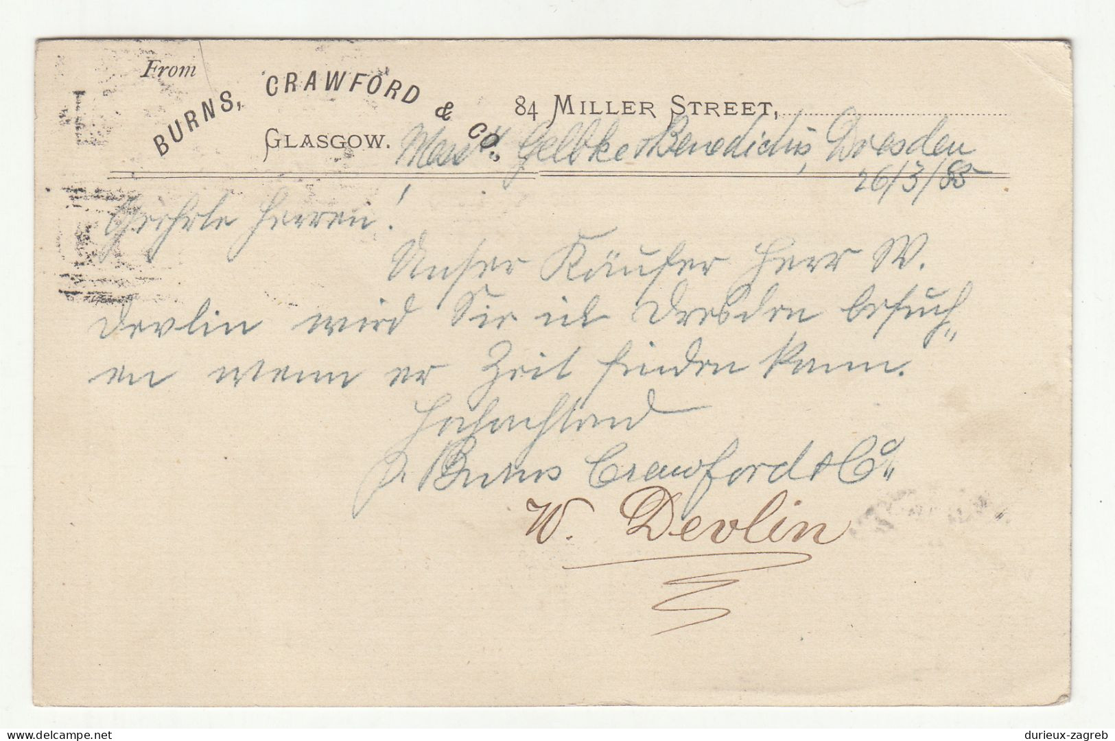 Great Britain Old Burns. Crawford & Co., Glasgow QV Postal Stationery Postcard Posted 1885 To Dresden B240401 - Interi Postali