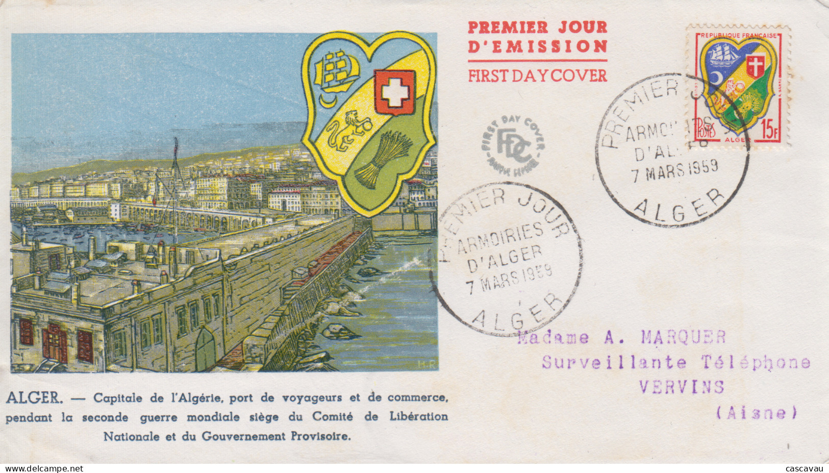 Enveloppe  FDC  1er  Jour   FRANCE    Armoiries  D' ALGER   1959 - 1950-1959