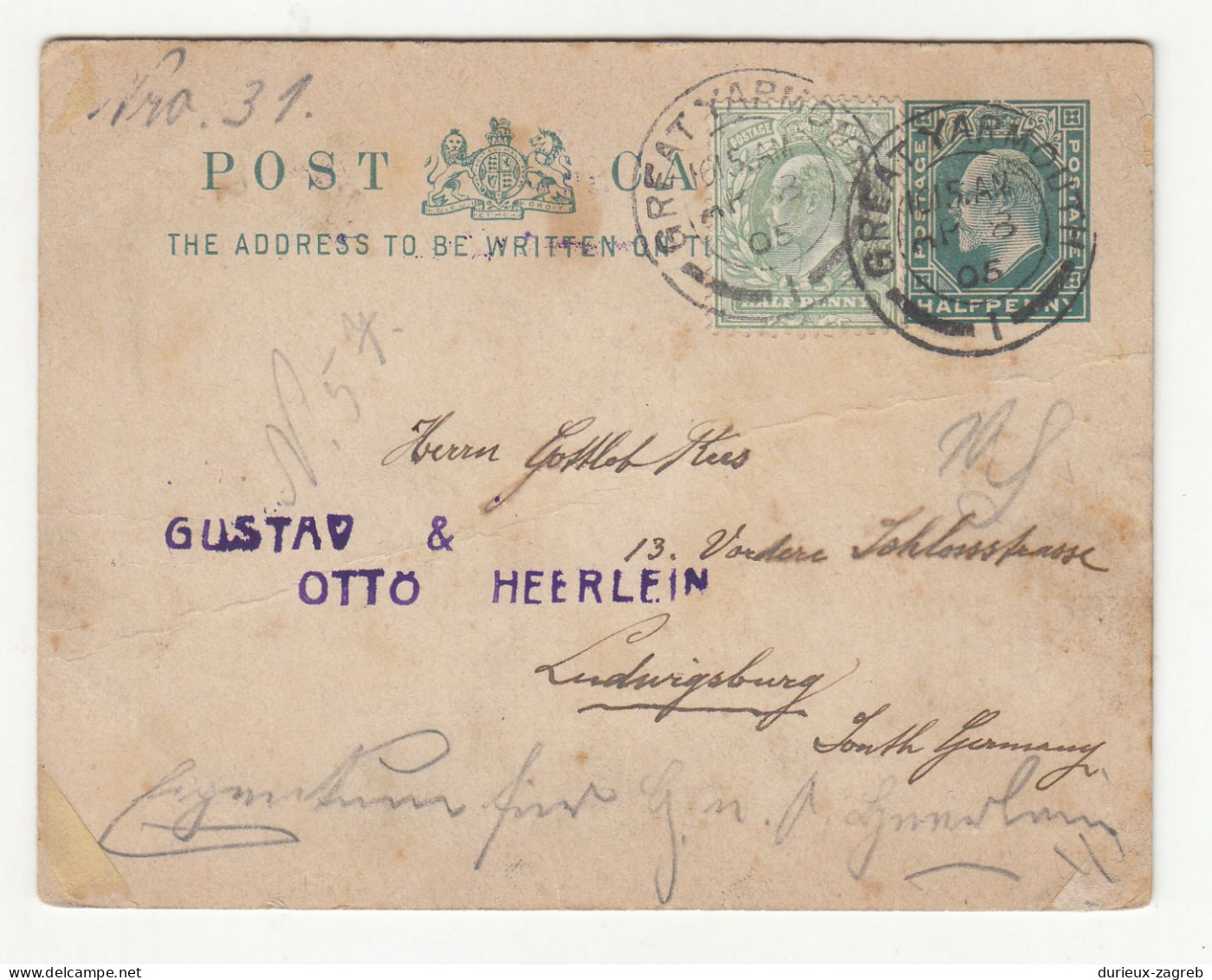 Great Britain Old KEVII Postal Stationery Postcard Posted 1905 Great Yarmouth To Germany B240401 - Interi Postali