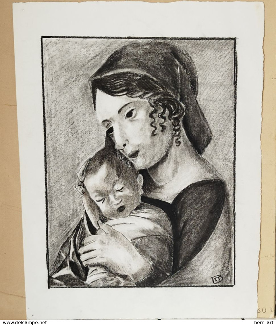 Fusain "Femme Et Enfant Dans Les Bras". Signée Monograme B.R. Rosette Böhny. Ecole Suisse Début XXè. - Pastel