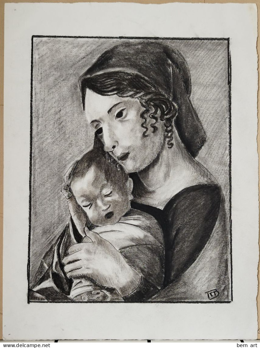 Fusain "Femme Et Enfant Dans Les Bras". Signée Monograme B.R. Rosette Böhny. Ecole Suisse Début XXè. - Pastels