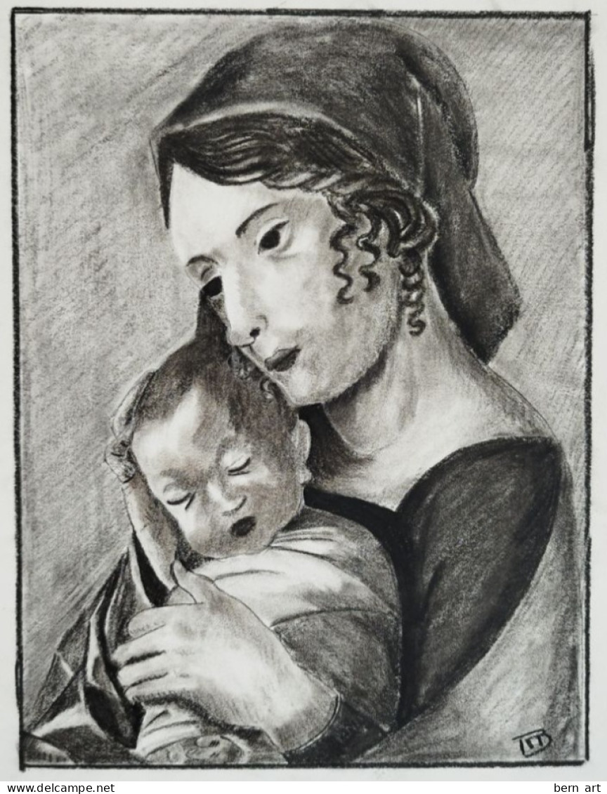 Fusain "Femme Et Enfant Dans Les Bras". Signée Monograme B.R. Rosette Böhny. Ecole Suisse Début XXè. - Pastell
