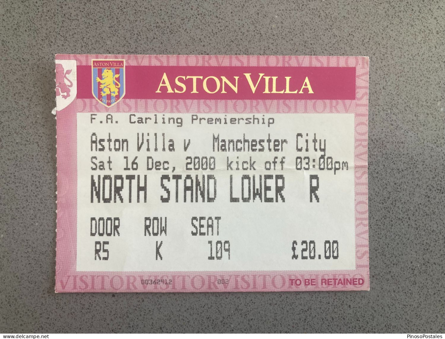 Aston Villa V Manchester City 2000-01 Match Ticket - Tickets & Toegangskaarten