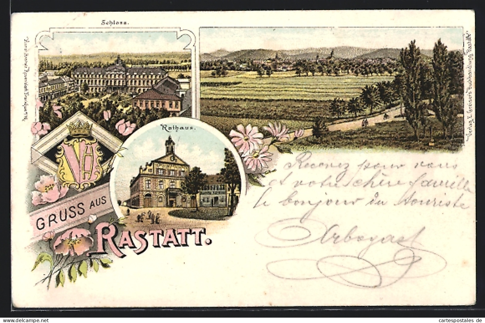 Lithographie Rastatt, Rathaus, Schloss, Blick über Felder Auf Die Stadt  - Rastatt