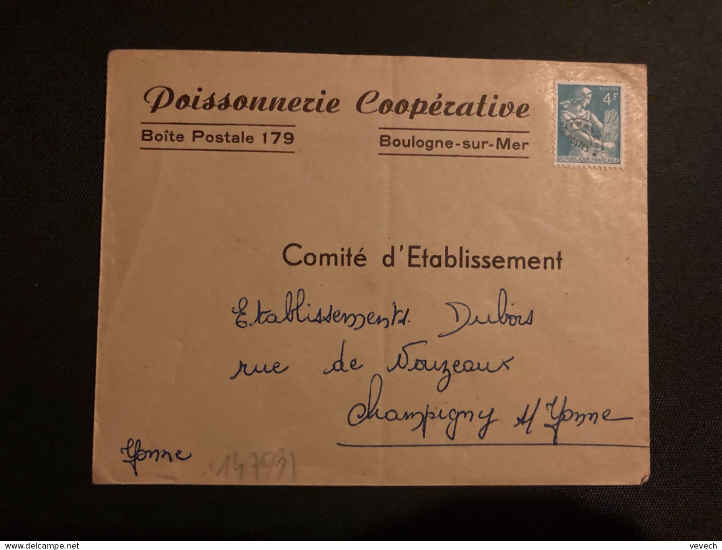 LETTRE POISSONNERIE COOPERATIVE BOULOGNE SUR MER (62) TP PREO PAYSANNE 4F - 1953-1960