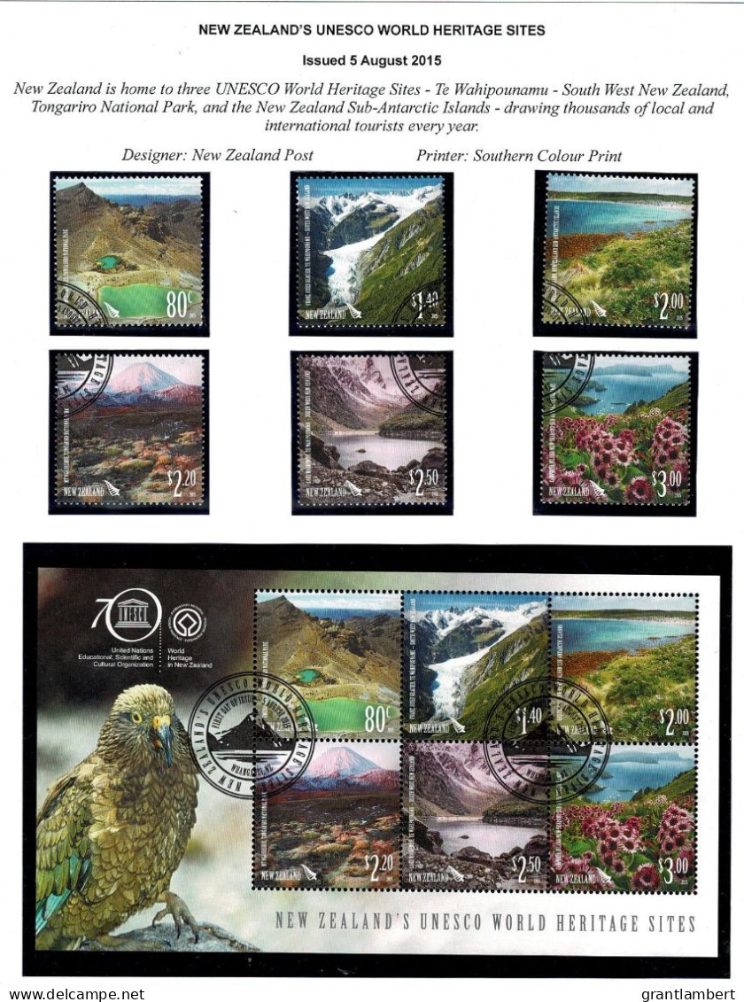 New Zealand 2015 UNESCO World Heritage Sites  Set Of 6 + Minisheet Used - Gebruikt