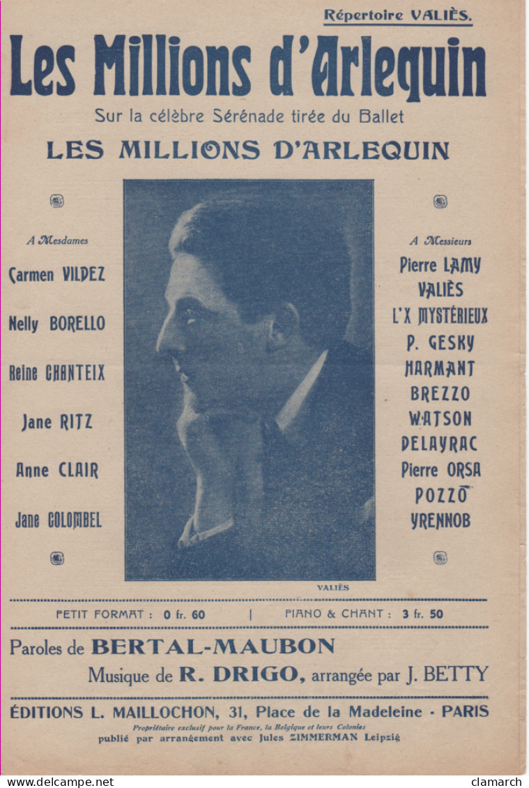 Partitions-LES MILLIONS D'ARLEQUINS Paroles De Bertal-Maubon, Musique De R Drigo - Scores & Partitions