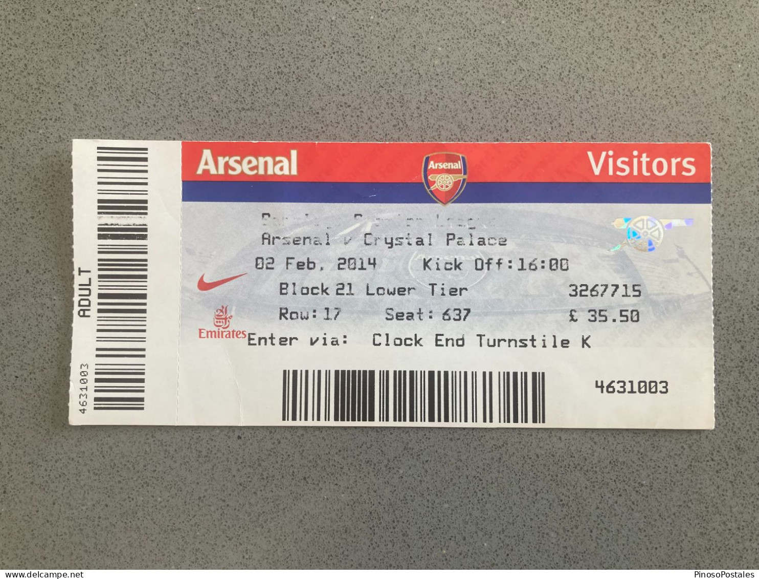 Arsenal V Crystal Palace 2013-14 Match Ticket - Tickets & Toegangskaarten