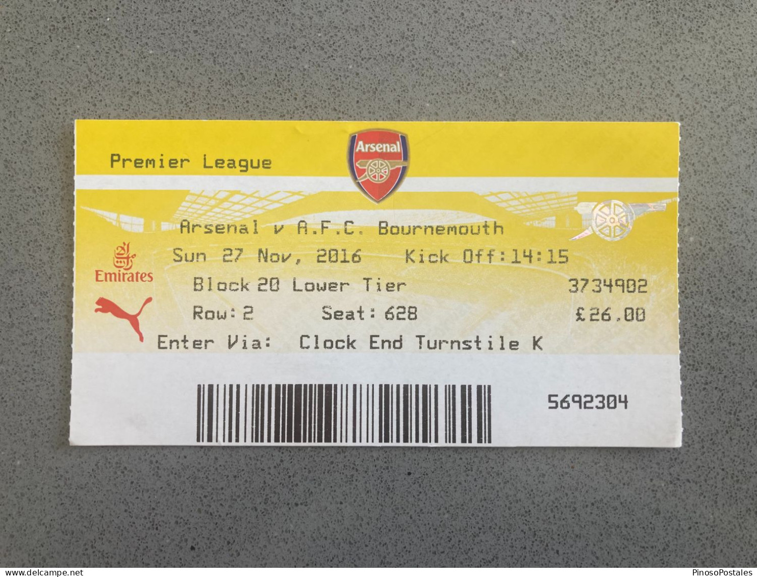 Arsenal V Bournemouth 2016-17 Match Ticket - Tickets & Toegangskaarten