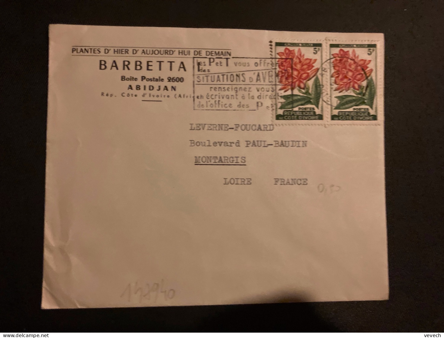 LETTRE BARBETTA PLANTES Pour La FRANCE TP FLEUR PLUMERIA RUBRA 5F Paire OBL.MEC.20-1 1965 ABIDJAN RP - Côte D'Ivoire (1960-...)
