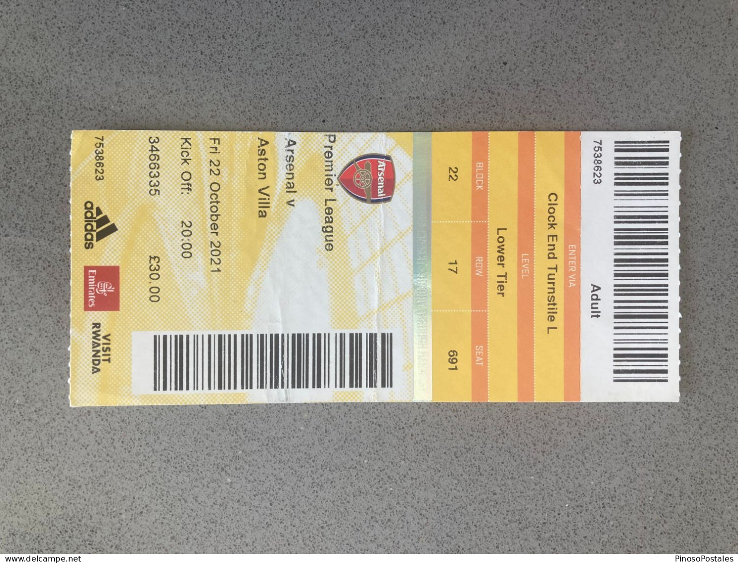 Arsenal V Aston Villa 2021-22 Match Ticket - Tickets & Toegangskaarten