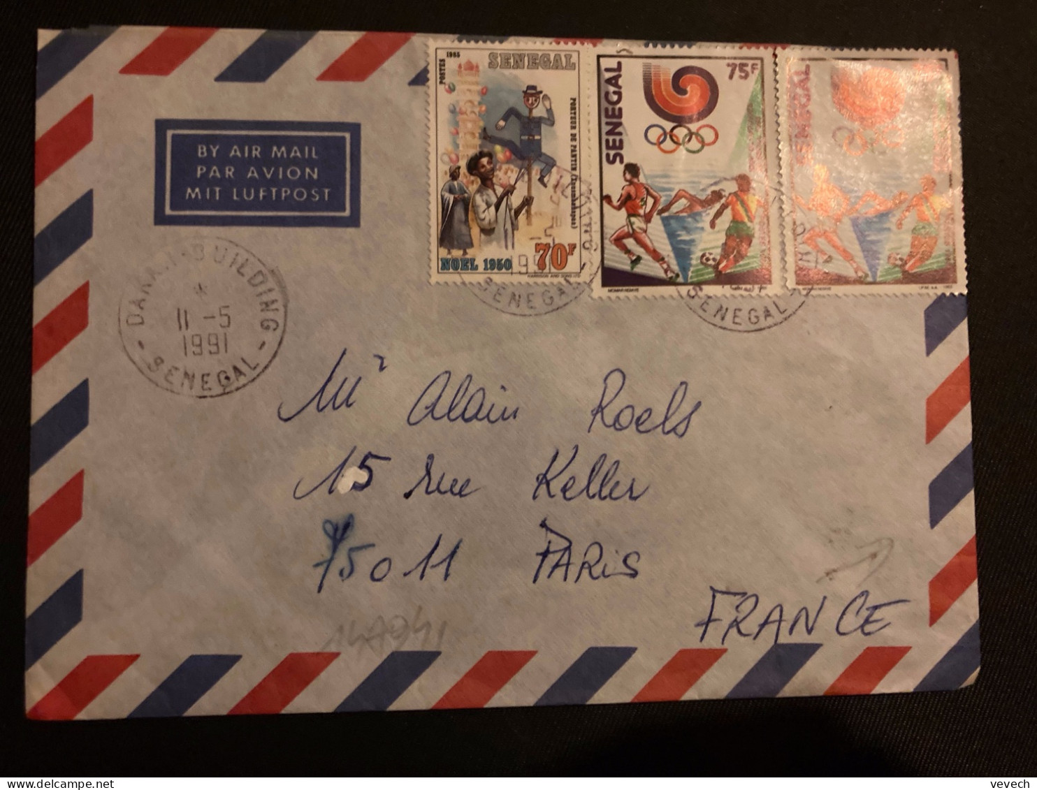 LETTRE Par Avion Pour La FRANCE TP JO SEOUL 1988 75F X2 + PORTEUR DE PANTIN NOEL 1950 70F OBL.11-5 1991 DAKAR BUILDING - Sénégal (1960-...)