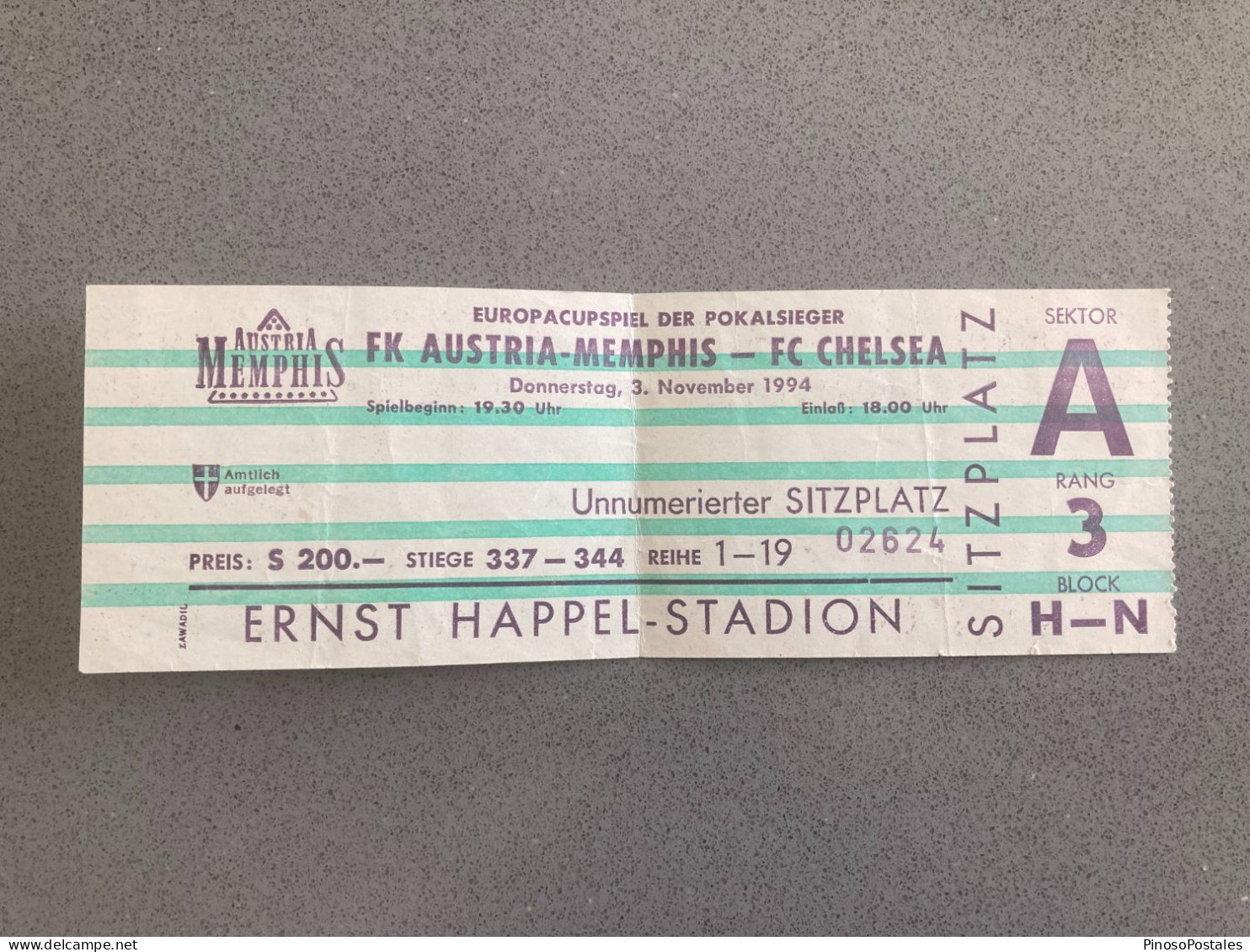 FK Austria Memphis V Chelsea 1994-95 Match Ticket - Tickets & Toegangskaarten