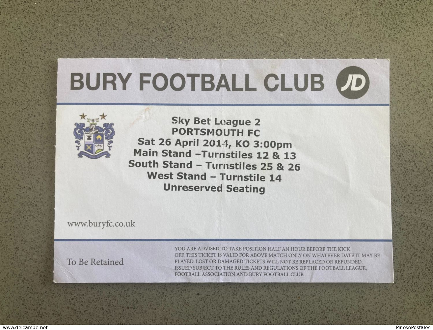 Bury V Portsmouth 2013-14 Match Ticket - Tickets & Toegangskaarten