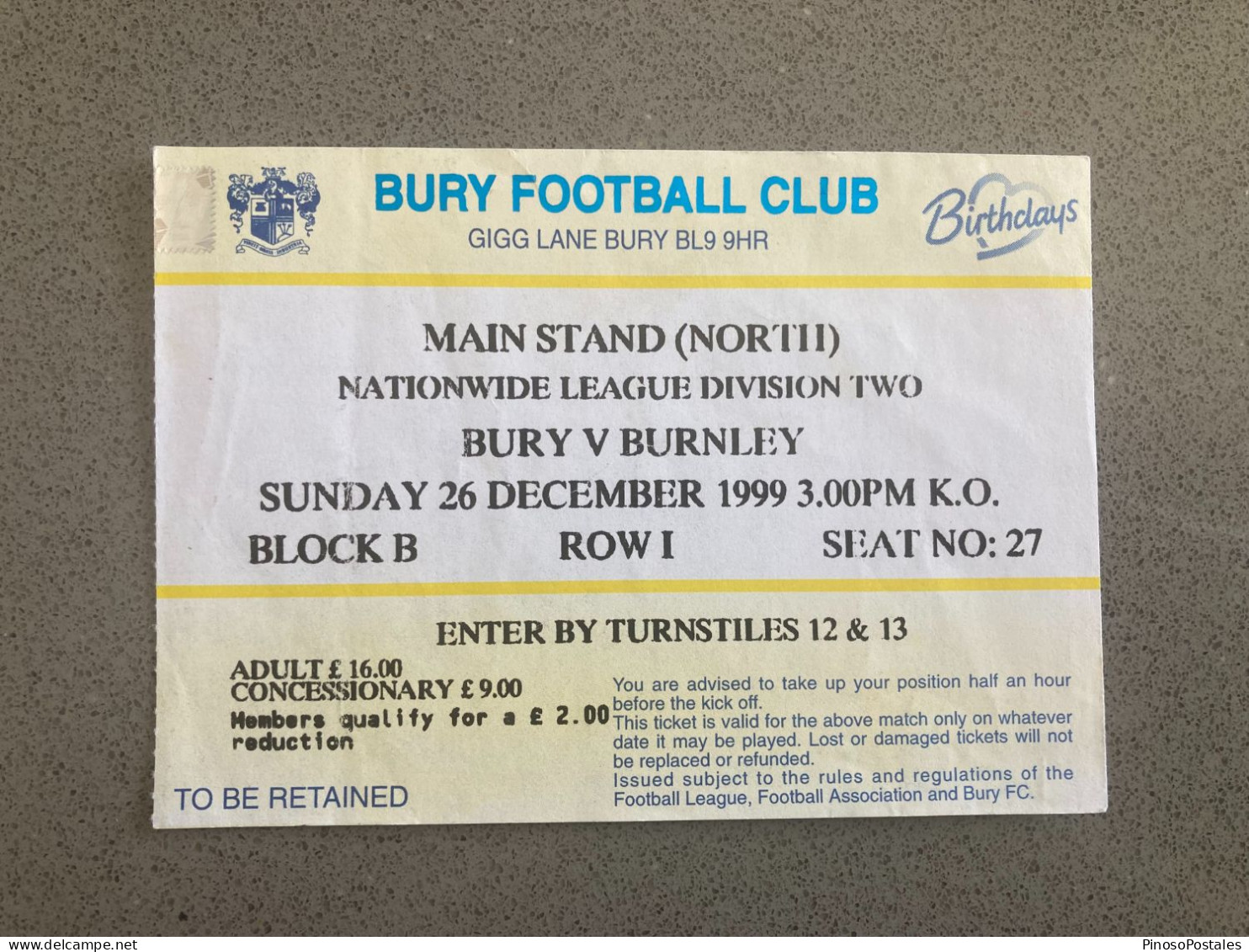 Bury V Burnley 1999-00 Match Ticket - Tickets & Toegangskaarten