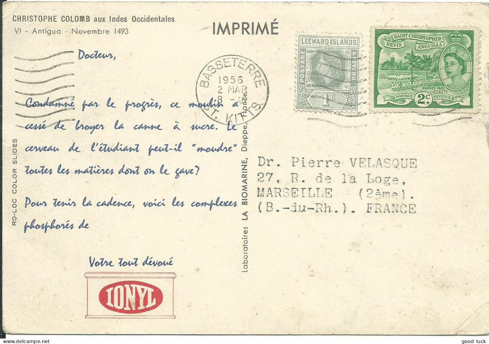 ANTIGUA BIOMARINE IONYL 3c BASSETERRE  POUR MARSEILLE ( BOUCHES DU RHONE ) DE 1956 LETTRE COVER - San Cristóbal Y Nieves - Anguilla (...-1980)