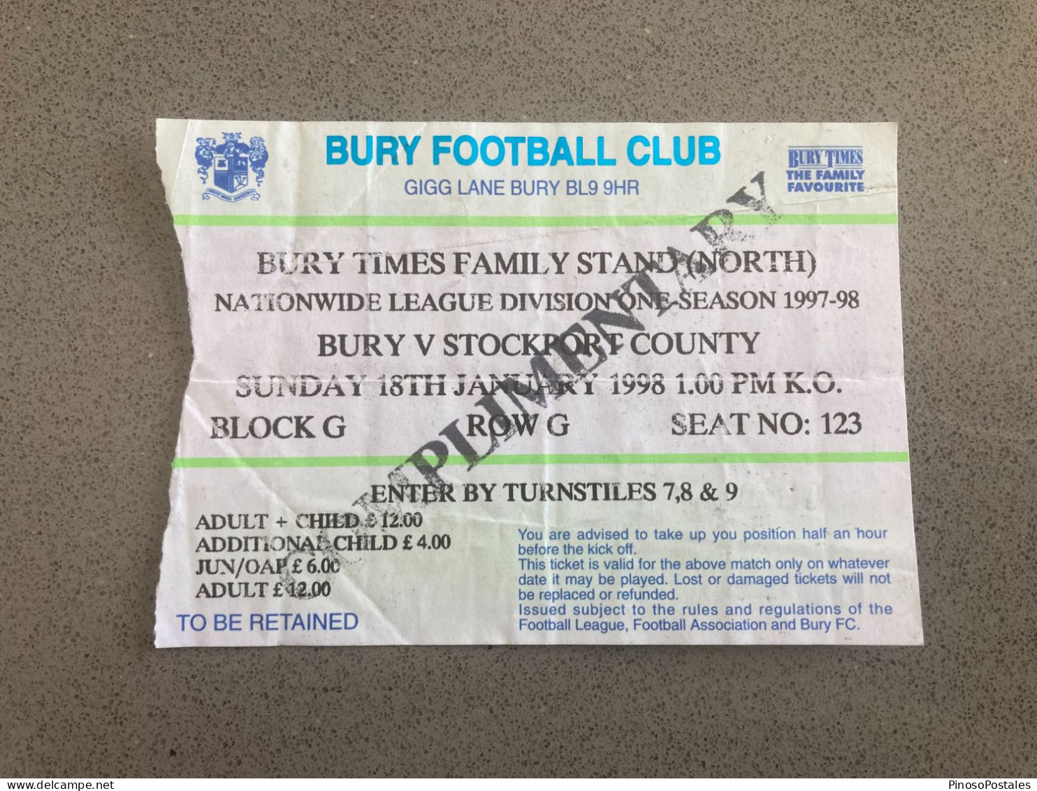 Bury V Stockport County 1997-98 Match Ticket - Tickets & Toegangskaarten