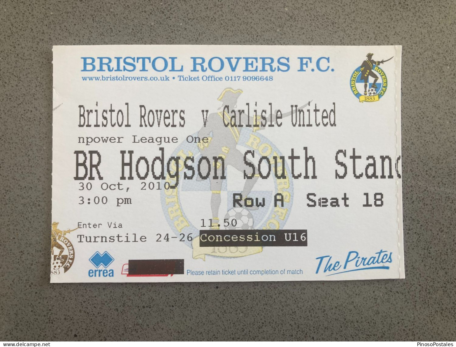 Bristol Rovers V Carlisle United 2010-11 Match Ticket - Tickets & Toegangskaarten