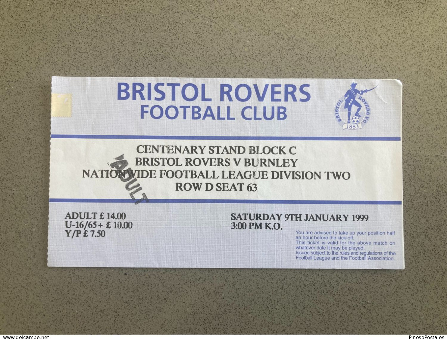 Bristol Rovers V Burnley 1998-99 Match Ticket - Tickets & Toegangskaarten