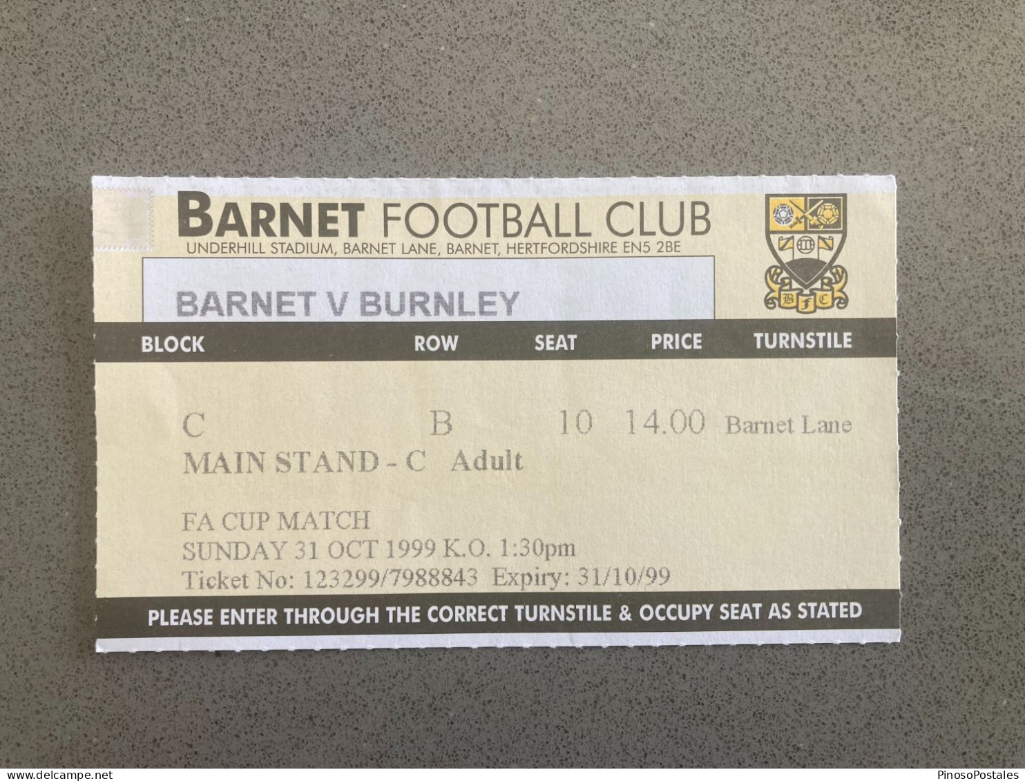 Barnet V Burnley 1999-00 Match Ticket - Tickets & Toegangskaarten