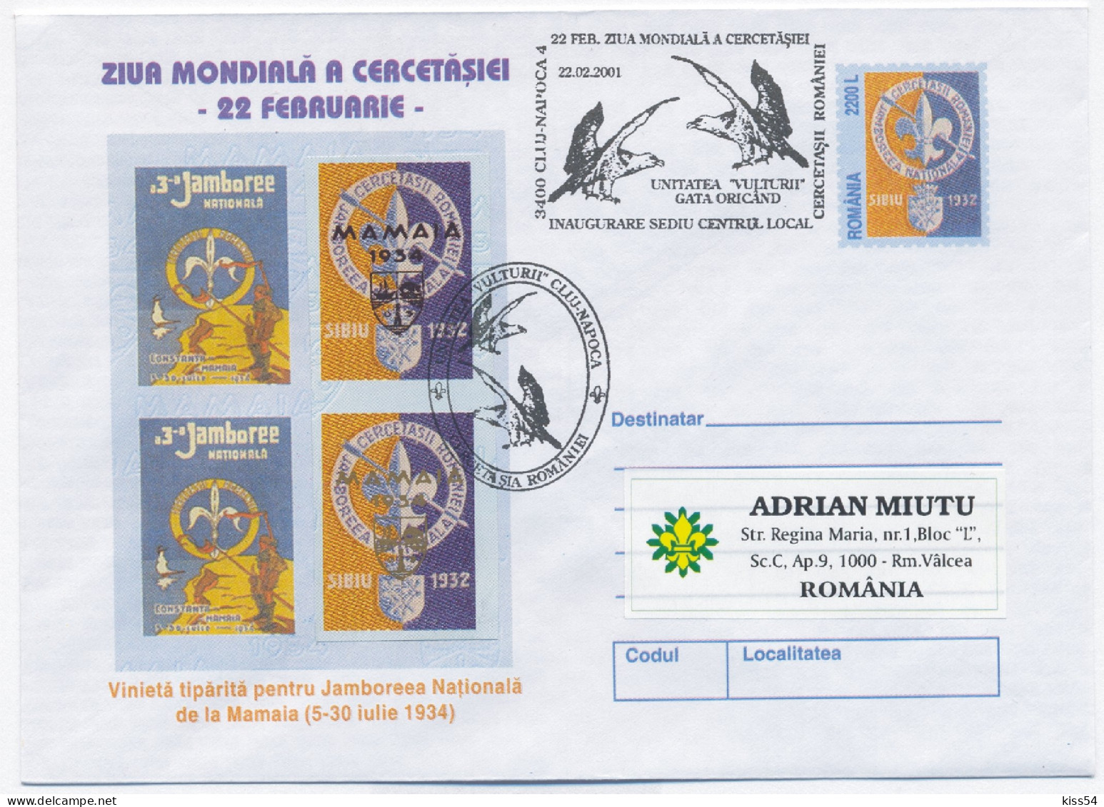 SC 46 - 33 Scout ROMANIA - Cover Stationery - Used - 2001 - Briefe U. Dokumente