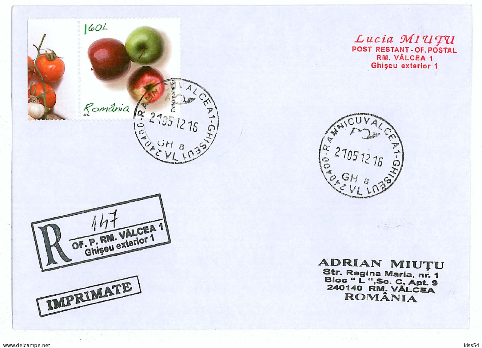 CP 21 - 147b-a FRUIT, APPLE, Romania - Registered, Stamps With TABS - 2012 - Storia Postale